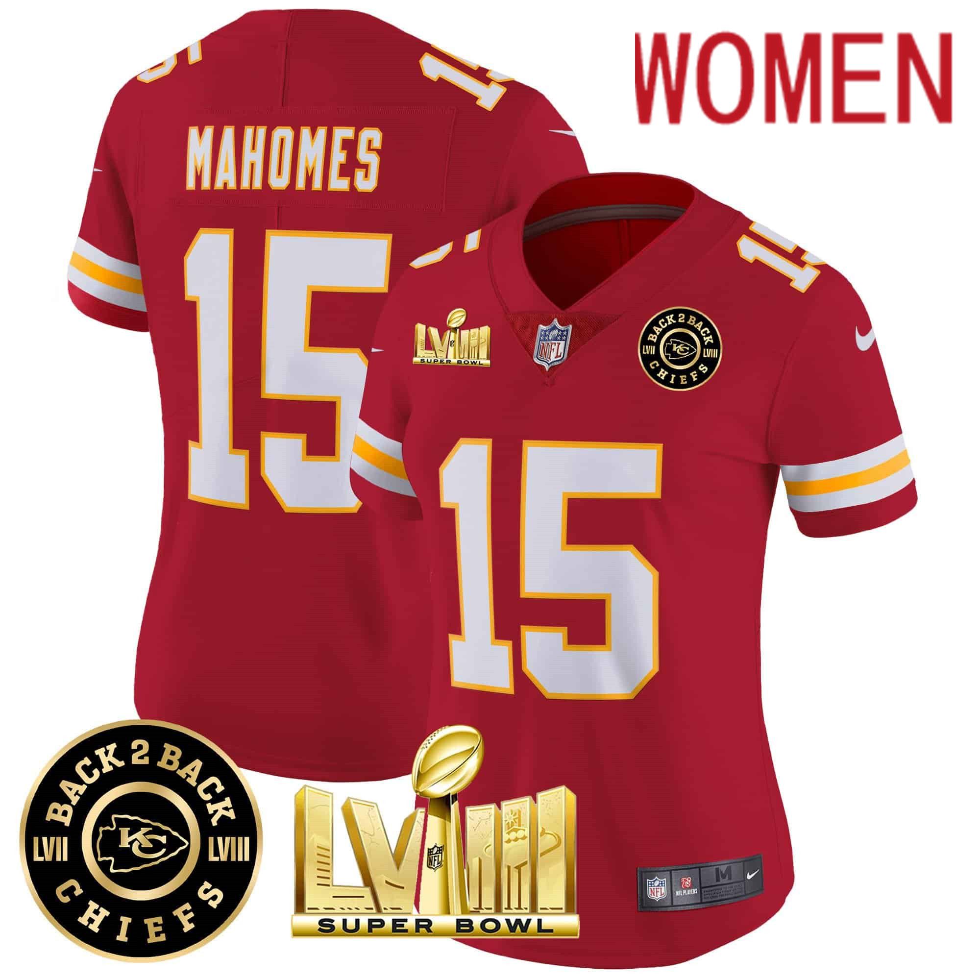 Women Kansas City Chiefs #15 Mahomes Red 2024 Nike Super Bowl LVIII & Back-2-Back Patch Vapor NFL Jersey style 3